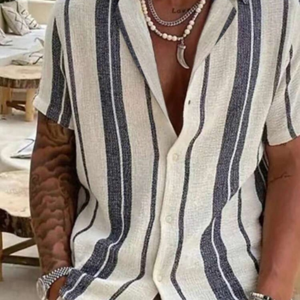 2025 Men Spring/Summer Casual Holiday Striped Button-Down Short Sleeve Shirt